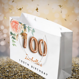 Grand Sac Cadeau 100e anniversaire fleuri rose or eucalyptus nom