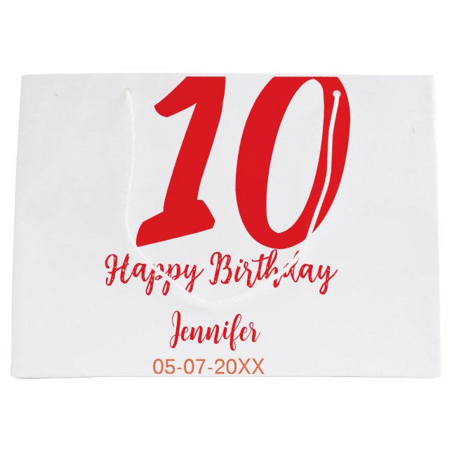 Grand Sac Cadeau 10e anniversaire ajouter nom date année rouge modè (Devant)