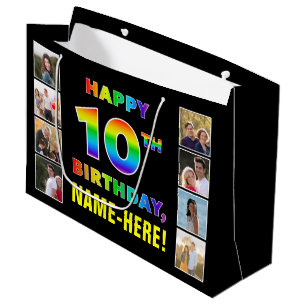 Grand Sac Cadeau 10e anniversaire : Rainbow Text, Custom Photos & N