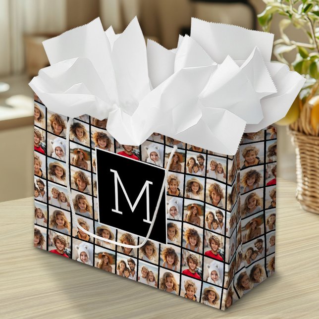 Grand Sac Cadeau 11 Grille de Collage de Photos avec Monogramme (Custom Photo Gift Bag)