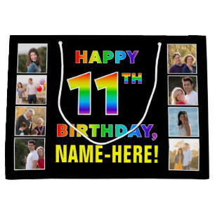 Grand Sac Cadeau 11e anniversaire : Rainbow Text, Custom Photos & N