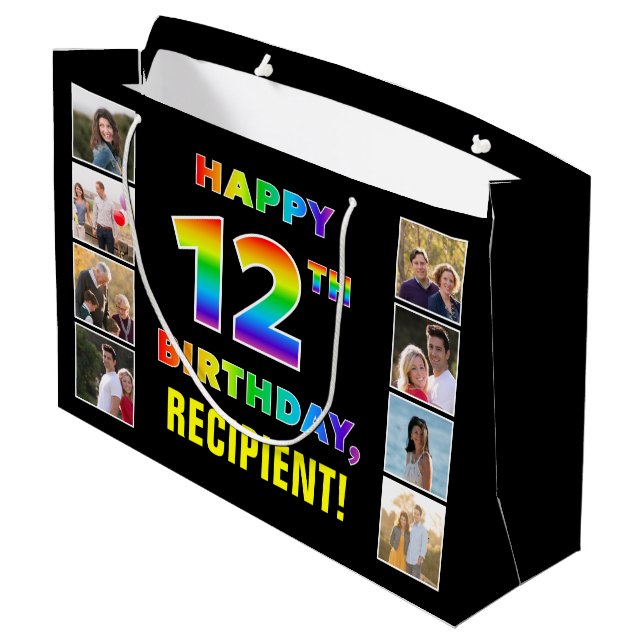 Grand Sac Cadeau 12e anniversaire : Rainbow Text, Custom Photos & N (Dos Angle)