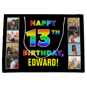 Grand Sac Cadeau 13e anniversaire : Rainbow Text, Custom Photos & N