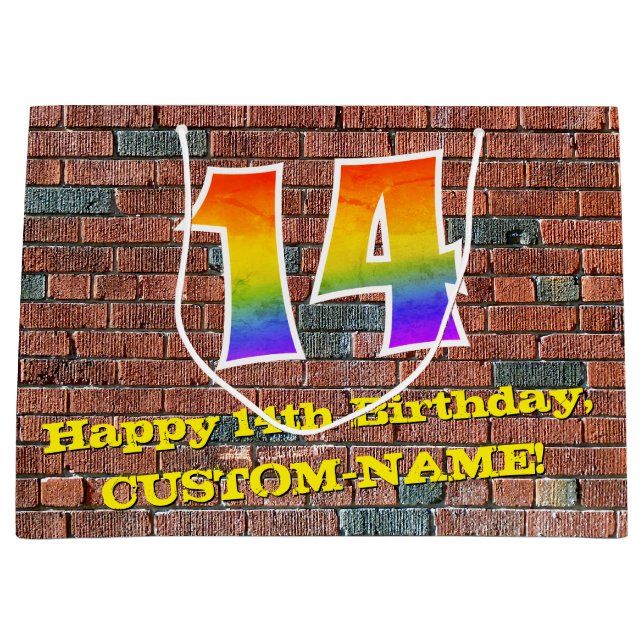 Grand Sac Cadeau 14e anniversaire : Amusant, Arc-en-ciel inspiré pa (Devant)