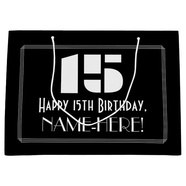 Grand Sac Cadeau 15e anniversaire ~ Art Déco Inspiré Look "15" + No (Devant)