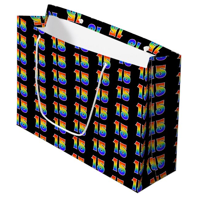 Grand Sac Cadeau 15e anniversaire : Fun Rainbow Event Numéro 15 Mot (Devant Angle)