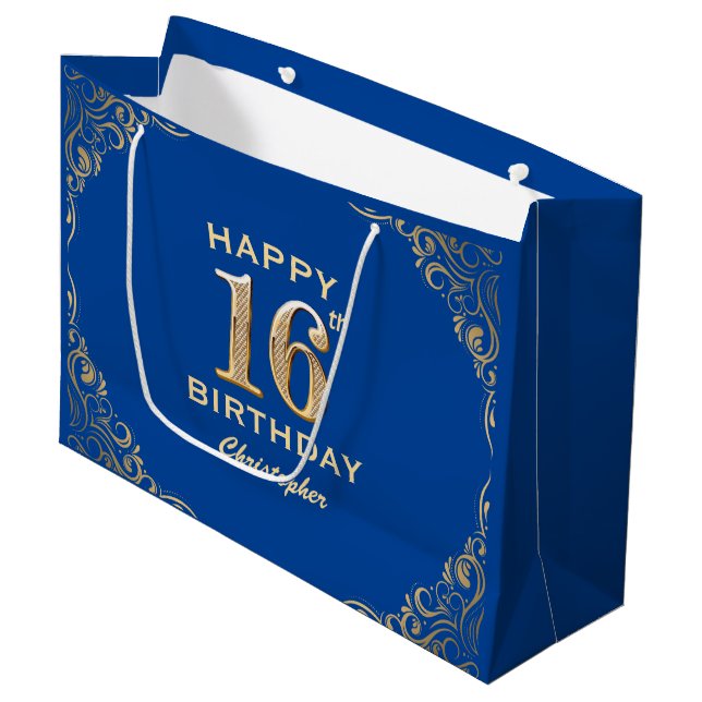Grand Sac Cadeau 16e anniversaire Parties scintillant bleue et or c (Devant Angle)