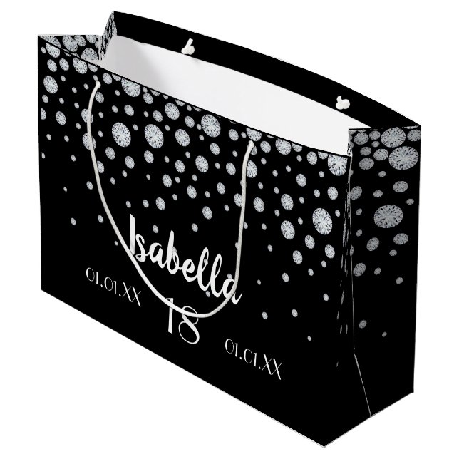 Grand Sac Cadeau 18e anniversaire noir diamants d'argent nom (Dos Angle)