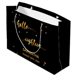 Grand Sac Cadeau 18e anniversaire or noir bonjour 18 nom de la typo
