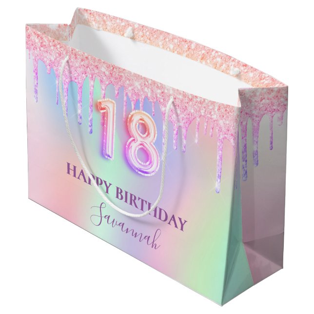 Grand Sac Cadeau 18e anniversaire rose violet gouttes holographique (Dos Angle)