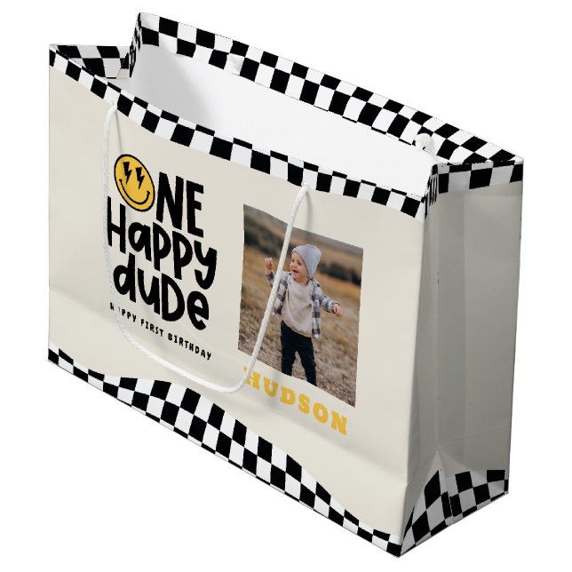 Grand Sac Cadeau 1anniversaire sourire visage rétro noir blanc supe (Devant Angle)