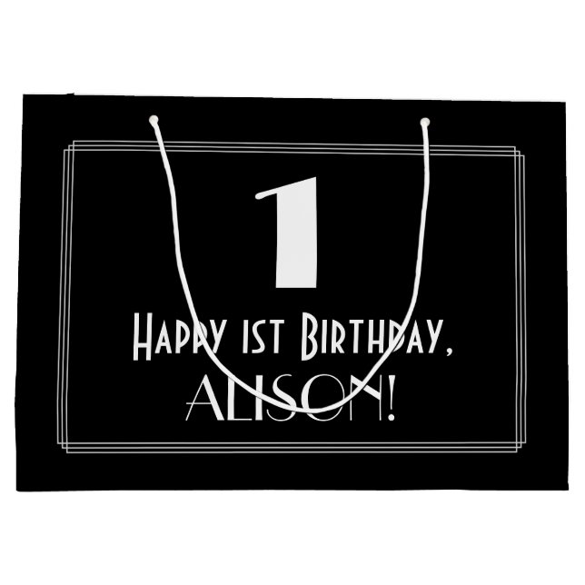 Grand Sac Cadeau 1er anniversaire : Art Déco Style "1", Nom (Dos)