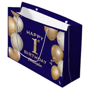 Grand Sac Cadeau 1er Anniversaire Marine Bleu et Ballons d'or