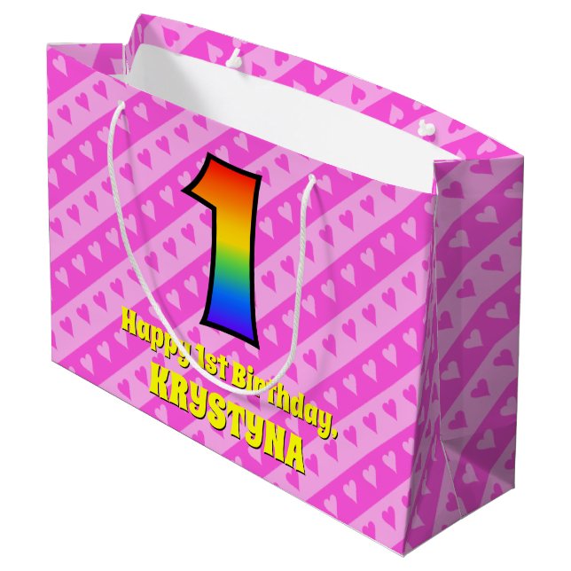 Grand Sac Cadeau 1er anniversaire : Pink Stripes & Hearts, Rainbow  (Dos Angle)