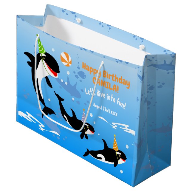 Grand Sac Cadeau 1er anniversaire sous la mer orca baleine fille (Devant Angle)