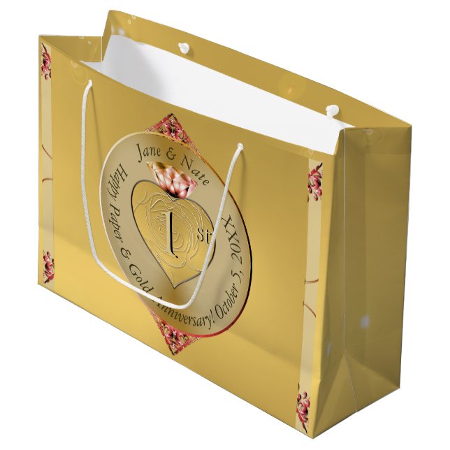 Grand Sac Cadeau 1er ou 50e anniversaire de Mariage Golden (Devant Angle)
