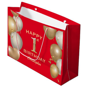 Grand Sac Cadeau 1ère fête d'anniversaire Ballons rouges et or