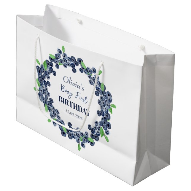 Grand Sac Cadeau 1ère fête d'anniversaire Blueberry Baby Girl (Devant Angle)