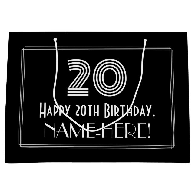 Grand Sac Cadeau 20e anniversaire — Art Déco Inspiré Look "20" & No (Devant)