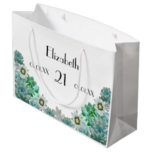 Grand Sac Cadeau 21e anniversaire fleurs de cactus succulents blanc