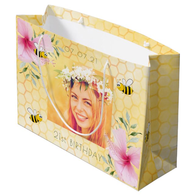 Grand Sac Cadeau 21e anniversaire photo bumble abeilles nid d'abeil (Dos Angle)