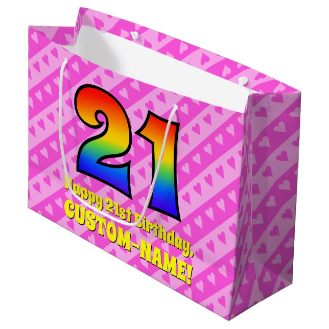 Grand Sac Cadeau 21e anniversaire : Pink Stripes & Hearts, Arc-en-c (Devant Angle)