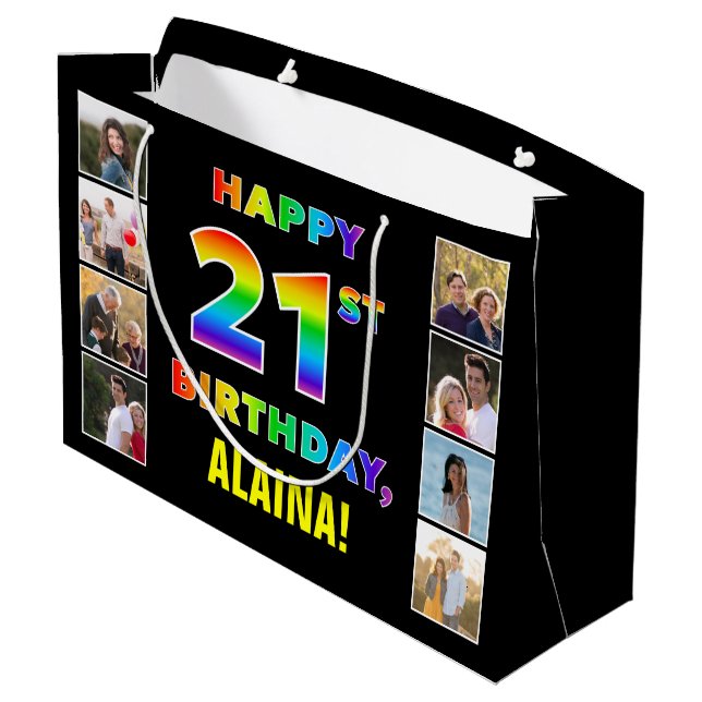 Grand Sac Cadeau 21e anniversaire : Rainbow Text, Custom Photos & N (Dos Angle)