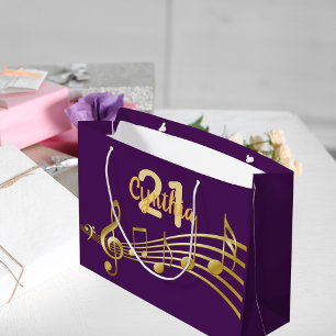 Grand Sac Cadeau 21e fête d'anniversaire notes de musique dorée vio