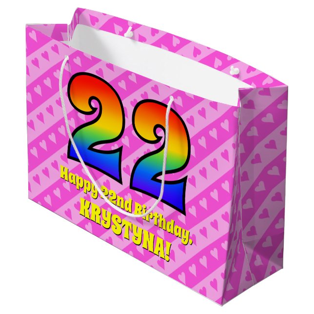 Grand Sac Cadeau 22e anniversaire : Pink Stripes & Hearts, Arc-en-c (Dos Angle)