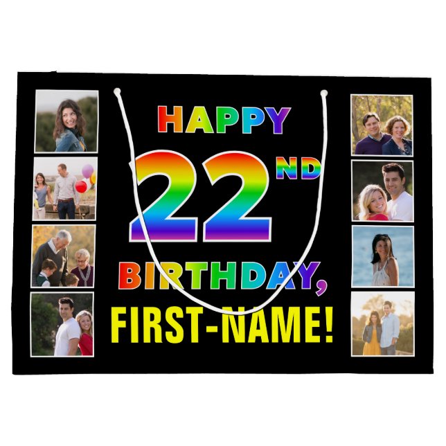 Grand Sac Cadeau 22e anniversaire : Rainbow Text, Custom Photos & N (Dos)