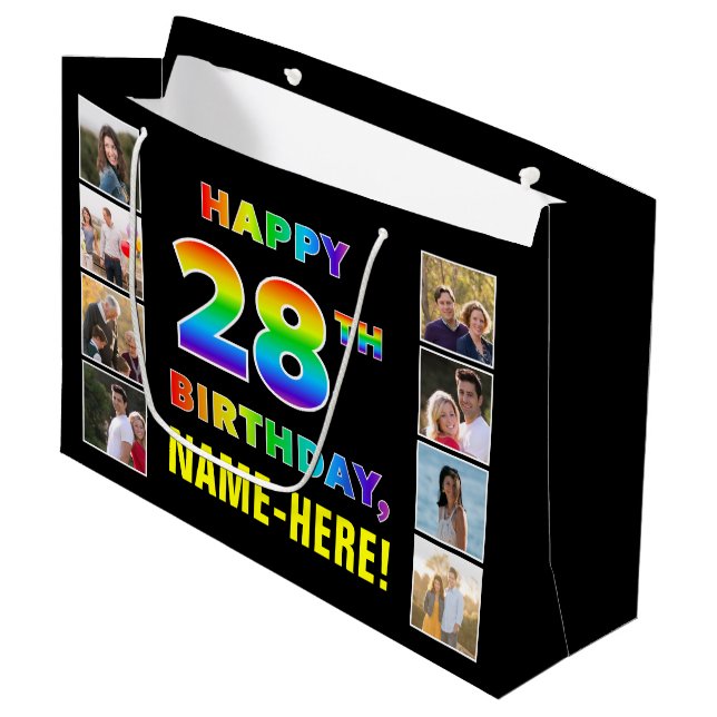Grand Sac Cadeau 28e anniversaire : Rainbow Text, Custom Photos & N (Devant Angle)