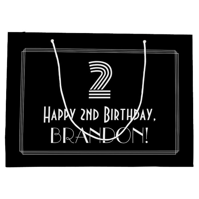 Grand Sac Cadeau 2e anniversaire — Art Déco Inspiré Look "2" & Nom (Dos)
