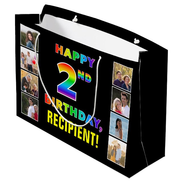 Grand Sac Cadeau 2e anniversaire : Rainbow Text, Custom Photos & Na (Dos Angle)