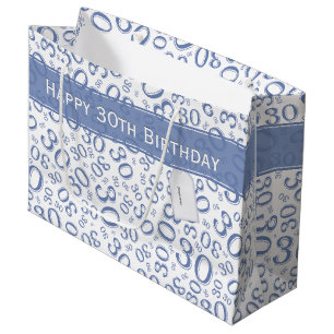 Grand Sac Cadeau 30ème bleu heureux et blanc de motif de fête