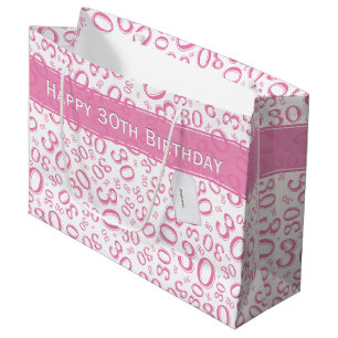 Grand Sac Cadeau 30èmes rose et blanc heureux de motif de fête