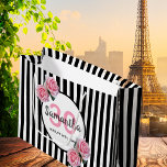 Grand Sac Cadeau 30th birthday black stripes pink florals<br><div class="desc">Classic slim black and white vertical stripes as background. With girly, feminine and romantic pink roses as decoration. Perfect for an elegant 30th birthday party for her. A white and black frame with templates for name, age and a date. Age number 30 in pink, name and date in black. The...</div>