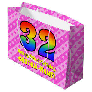 Grand Sac Cadeau 32e anniversaire : Pink Stripes & Hearts, Arc-en-c