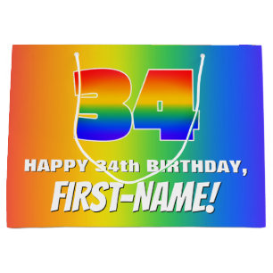 Grand Sac Cadeau 34e anniversaire : coloré, amusant Motif arc-en-ci