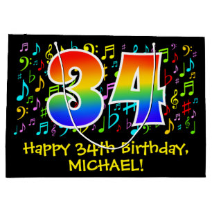 Grand Sac Cadeau 34e anniversaire - Symboles de musique colorée, Ar