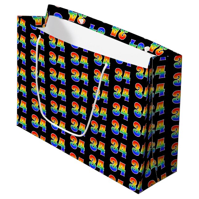 Grand Sac Cadeau 34th Birthday : Fun Rainbow Event Numéro 34 Motif (Devant Angle)
