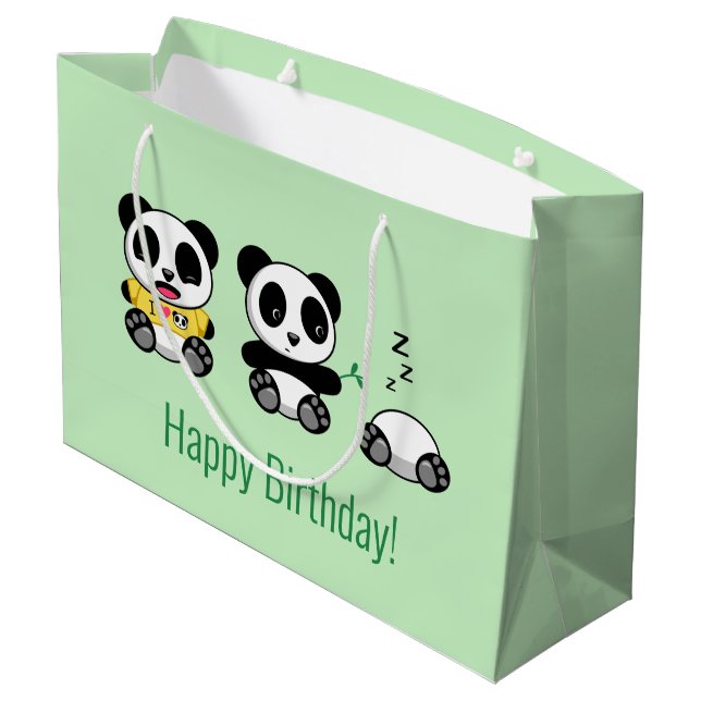 Grand Sac Cadeau 3 mignons petits pandas sur vert (Dos Angle)