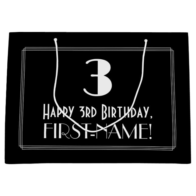 Grand Sac Cadeau 3e anniversaire : Art Déco Style inspiré "3", Nom (Devant)