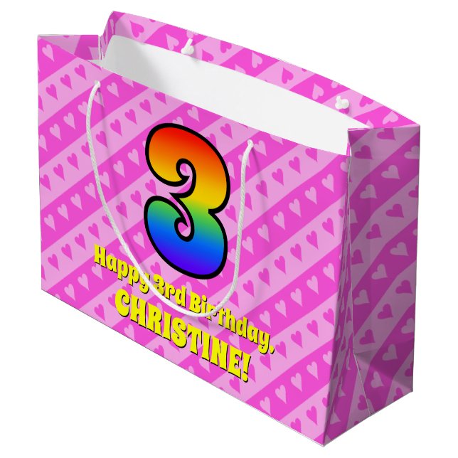 Grand Sac Cadeau 3e anniversaire : Pink Stripes & Hearts, Rainbow # (Dos Angle)