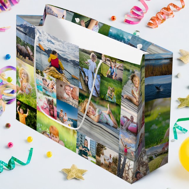 Grand Sac Cadeau 40 Collage de photos horizontal (40 Horizontal Photo Collage Large Gift Bag)