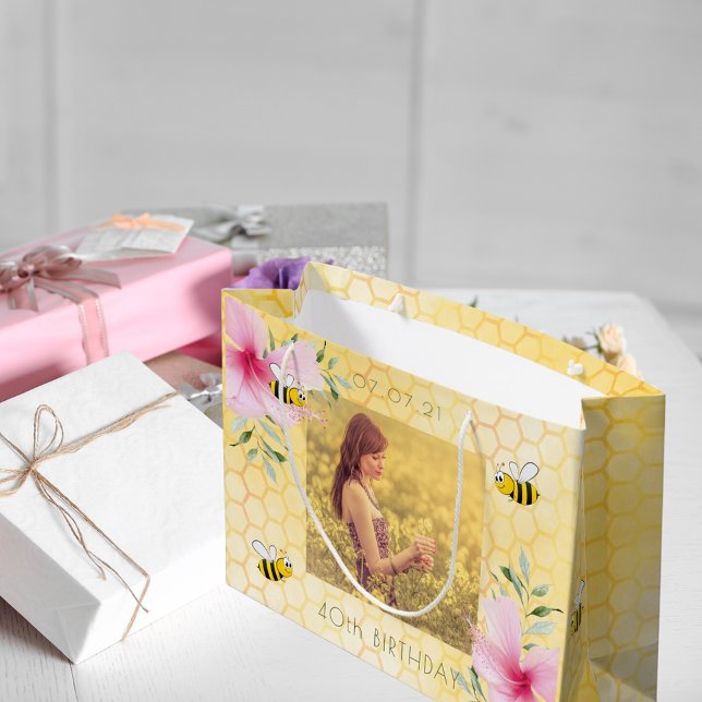 Grand Sac Cadeau 40e anniversaire abeilles nid d'abeille photo flor (Créateur téléchargé)