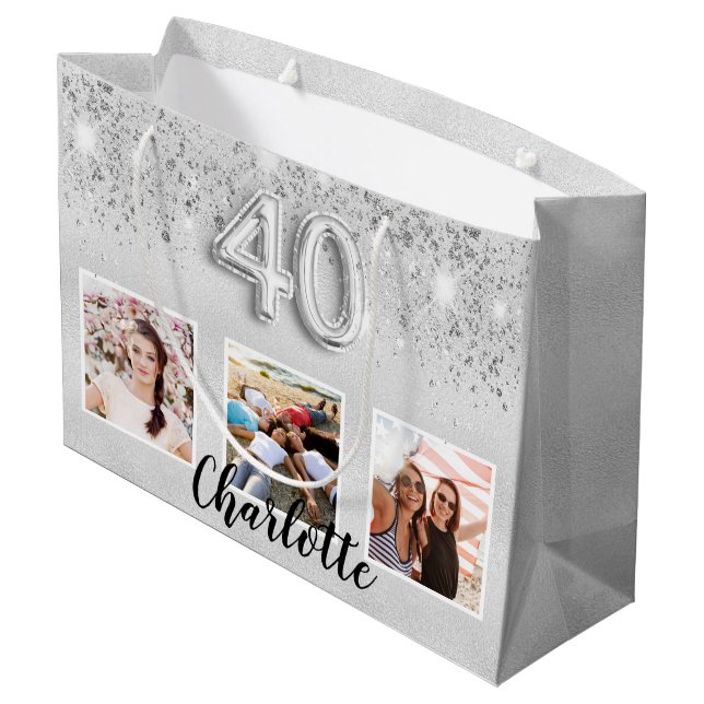 Grand Sac Cadeau 40e anniversaire argent parties scintillant nom ph (Dos Angle)