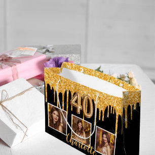 Grand Sac Cadeau 40e anniversaire noir gouttes d'or photo