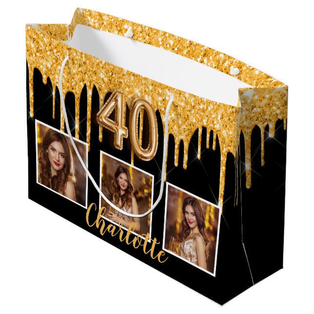 Grand Sac Cadeau 40e anniversaire noir gouttes d'or photo (Dos Angle)