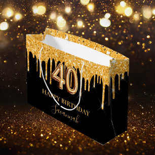 Grand Sac Cadeau 40e anniversaire noir parties scintillant or drips