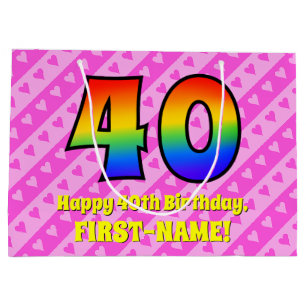 Grand Sac Cadeau 40e anniversaire : Pink Stripes & Hearts, Rainbow